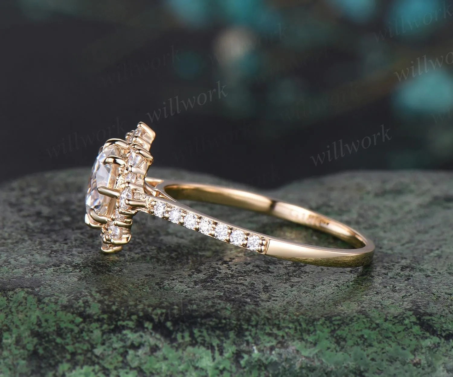1ct round cut moissanite ring yellow gold vintage halo diamond half eternity unique snowdrift engagement ring women antique jewelry gift sold by Willwork Jewelry product image thumbnail 4