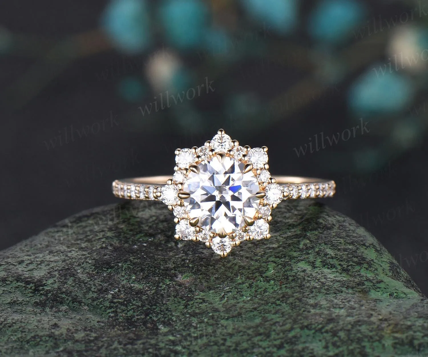 1ct round cut moissanite ring yellow gold vintage halo diamond half eternity unique snowdrift engagement ring women antique jewelry gift sold by Willwork Jewelry