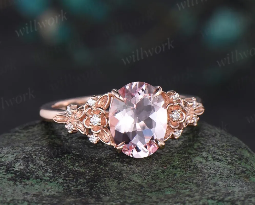 Vintage oval cut pink morganite engagement ring solid 14k rose gold leaf floral diamond wedding promise ring women jewelry made by Willwork Jewelry