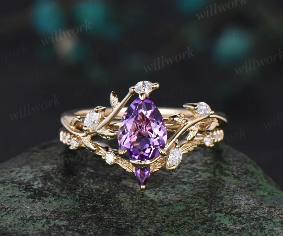 Vintage pear purple amethyst engagement ring solid 14k yellow gold branch leaf floral unique cluster diamond anniversary ring set women gift made by Willwork Jewelry