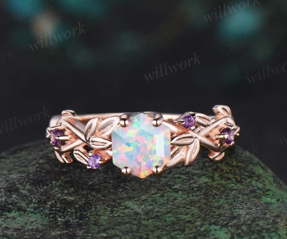 Hexagon cut white opal ring vintage rose gold five stone infinity leaf unique engagement ring women amethyst anniversary ring gift jewelry sold by Willwork Jewelry