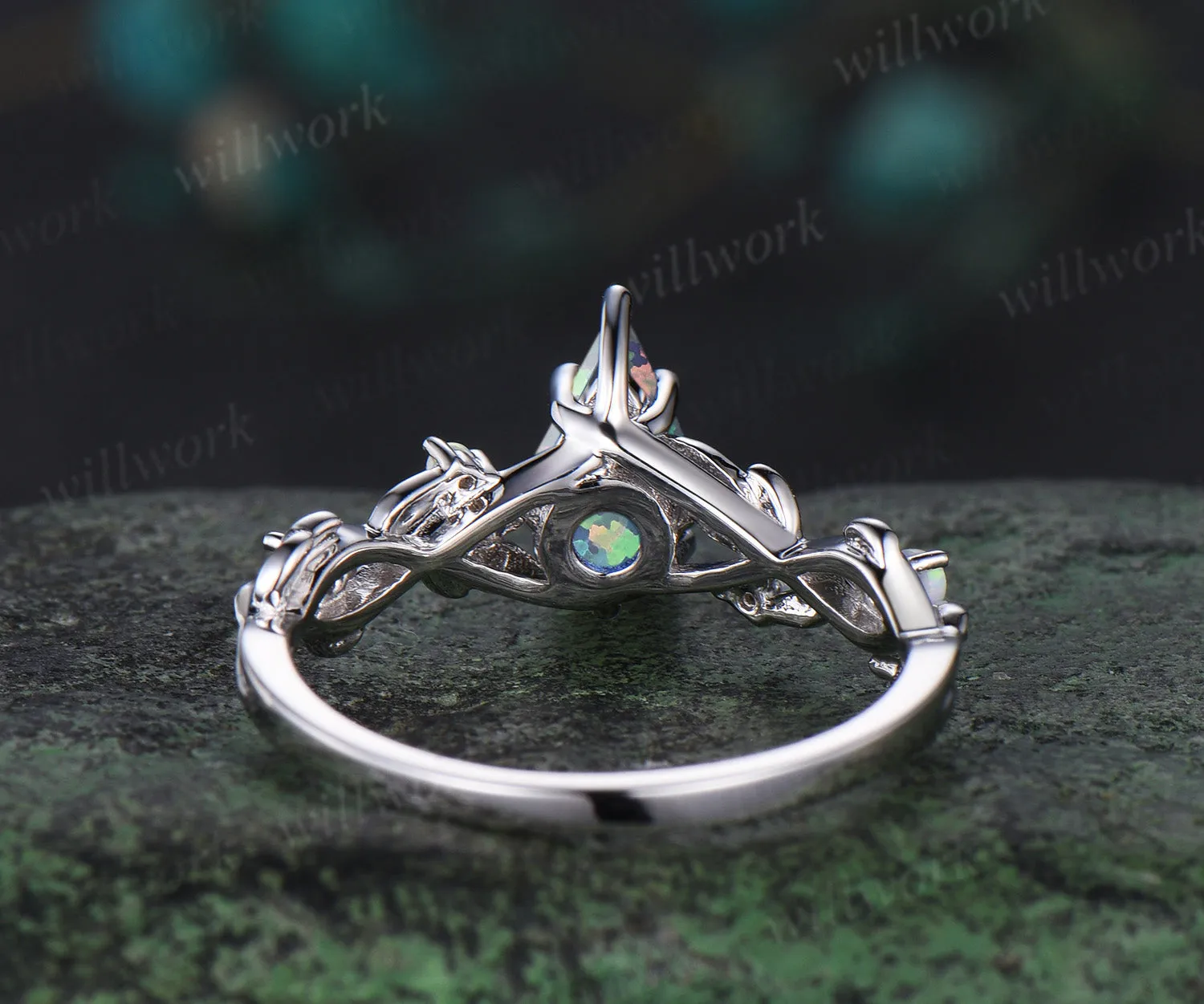 Kite cut opal engagement ring white gold twig opal ring vintage leaf moonstone nature inspired anniversary gift sold by Willwork Jewelry product image thumbnail 5