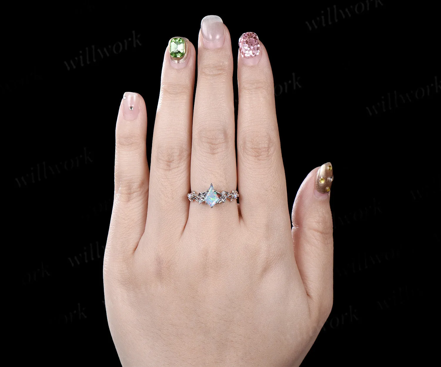 Kite cut opal engagement ring white gold twig opal ring vintage leaf moonstone nature inspired anniversary gift sold by Willwork Jewelry product image thumbnail 3