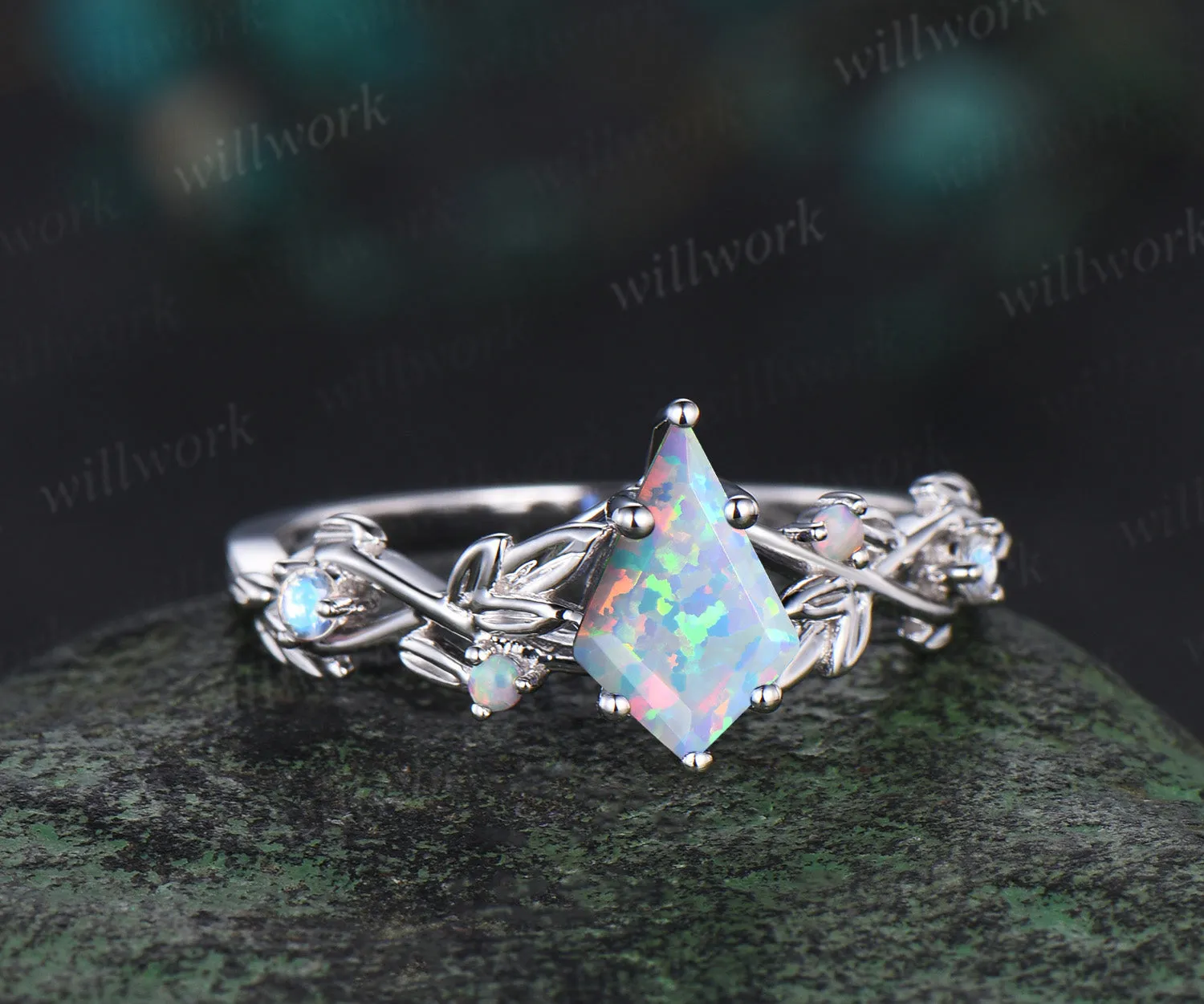 Kite cut opal engagement ring white gold twig opal ring vintage leaf moonstone nature inspired anniversary gift sold by Willwork Jewelry product image thumbnail 2