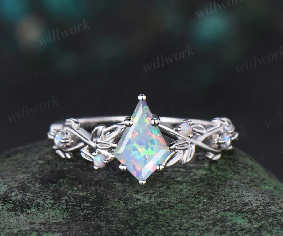 Kite cut opal engagement ring white gold twig opal ring vintage leaf moonstone nature inspired anniversary gift sold by Willwork Jewelry