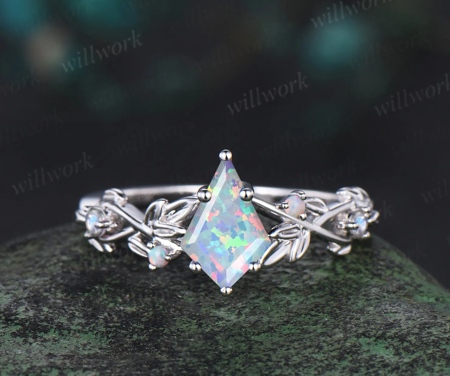 Kite cut opal engagement ring white gold twig opal ring vintage leaf moonstone nature inspired anniversary gift sold by Willwork Jewelry