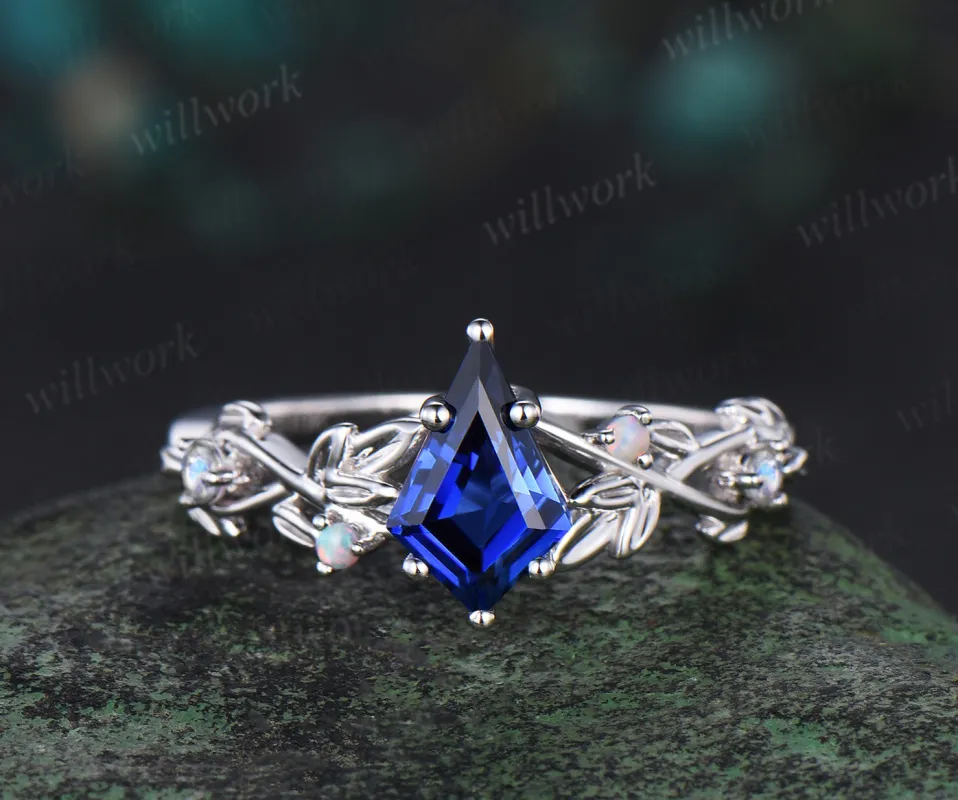 Kite cut blue sapphire engagement ring white gold twig opal ring vintage leaf moonstone nature inspired anniversary gift sold by Willwork Jewelry