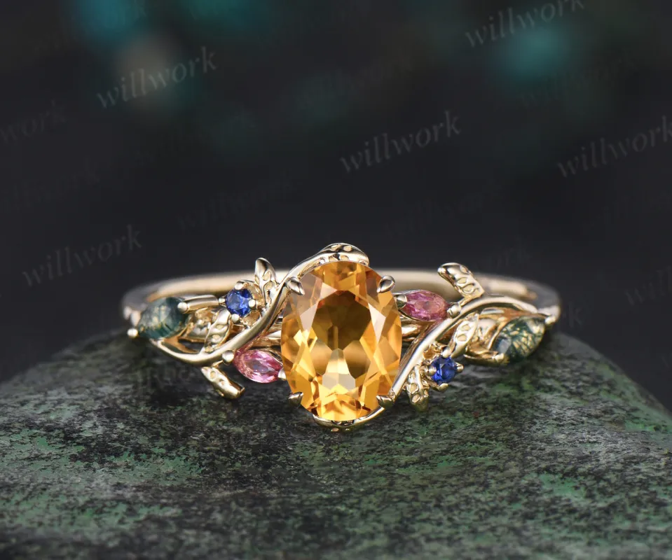 Oval cut Citrine engagement ring yellow gold leaf branch moss agate sapphire Pink tourmaline ring vintage unique anniversary gift sold by Willwork Jewelry