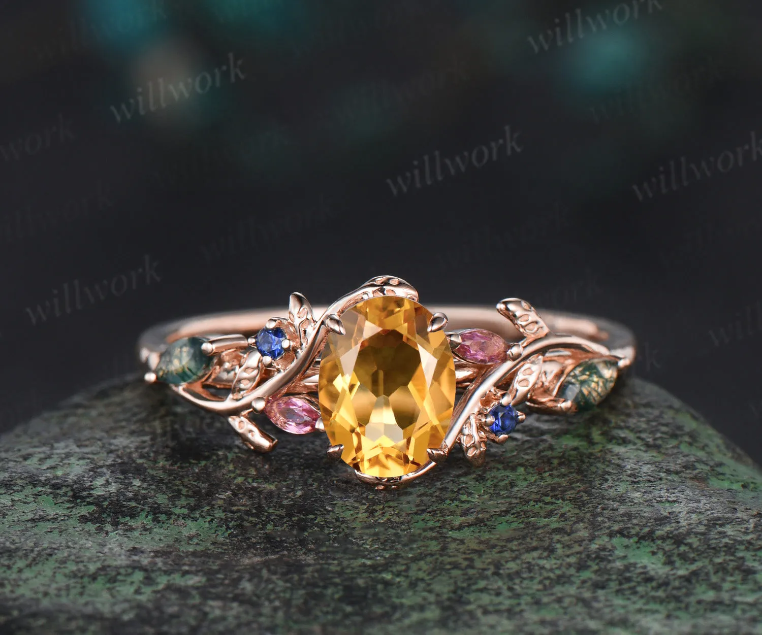 Oval cut Citrine engagement ring yellow gold leaf branch moss agate sapphire Pink tourmaline ring vintage unique anniversary gift sold by Willwork Jewelry product image thumbnail 4