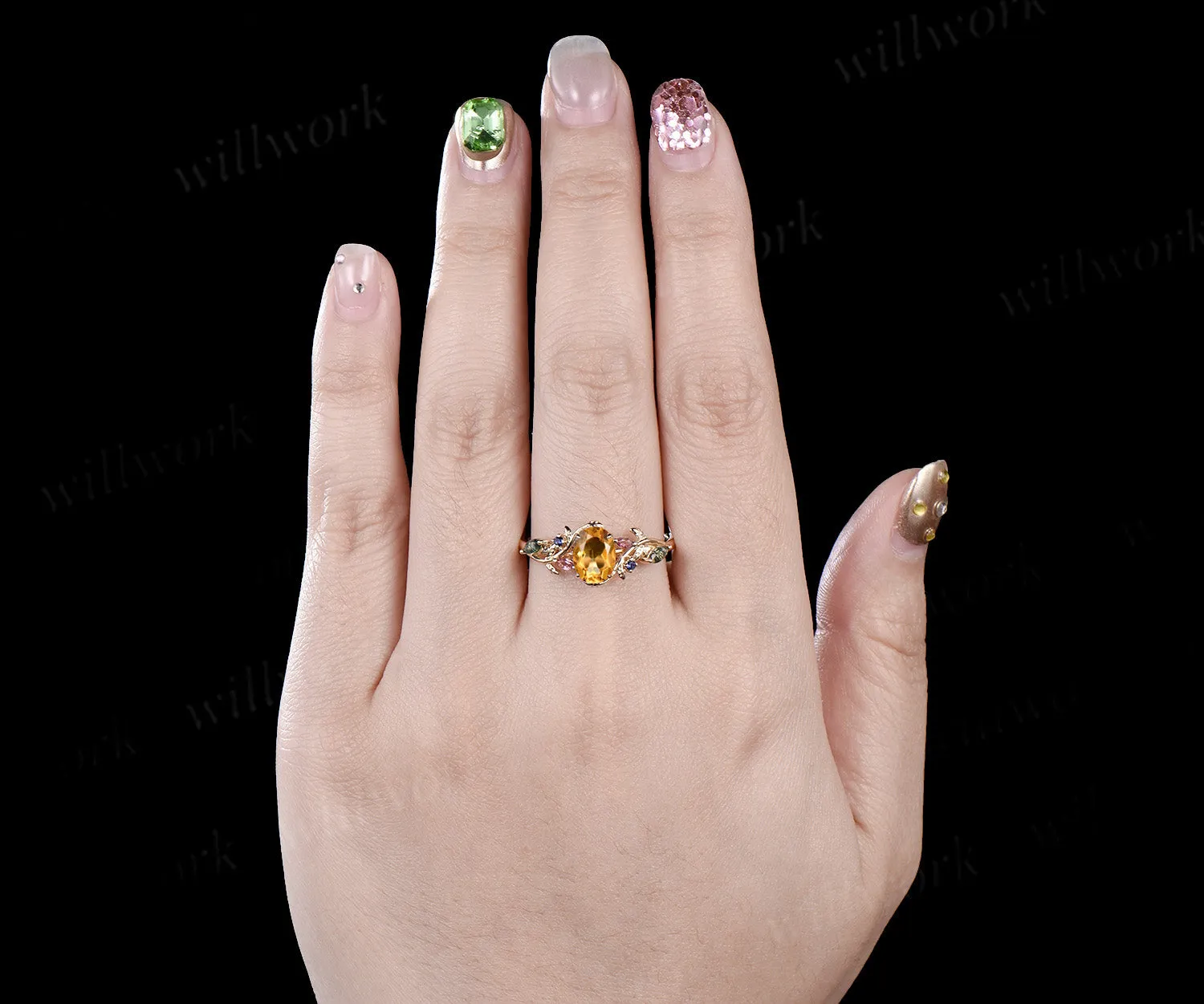 Oval cut Citrine engagement ring yellow gold leaf branch moss agate sapphire Pink tourmaline ring vintage unique anniversary gift sold by Willwork Jewelry product image thumbnail 3