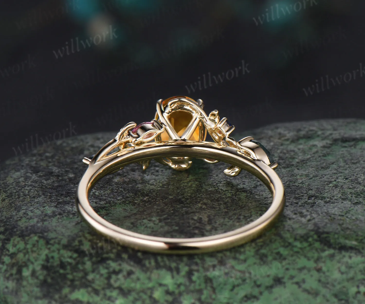Oval cut Citrine engagement ring yellow gold leaf branch moss agate sapphire Pink tourmaline ring vintage unique anniversary gift sold by Willwork Jewelry product image thumbnail 5