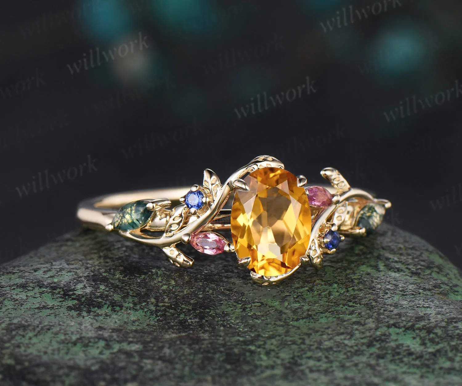 Oval cut Citrine engagement ring yellow gold leaf branch moss agate sapphire Pink tourmaline ring vintage unique anniversary gift sold by Willwork Jewelry product image thumbnail 2