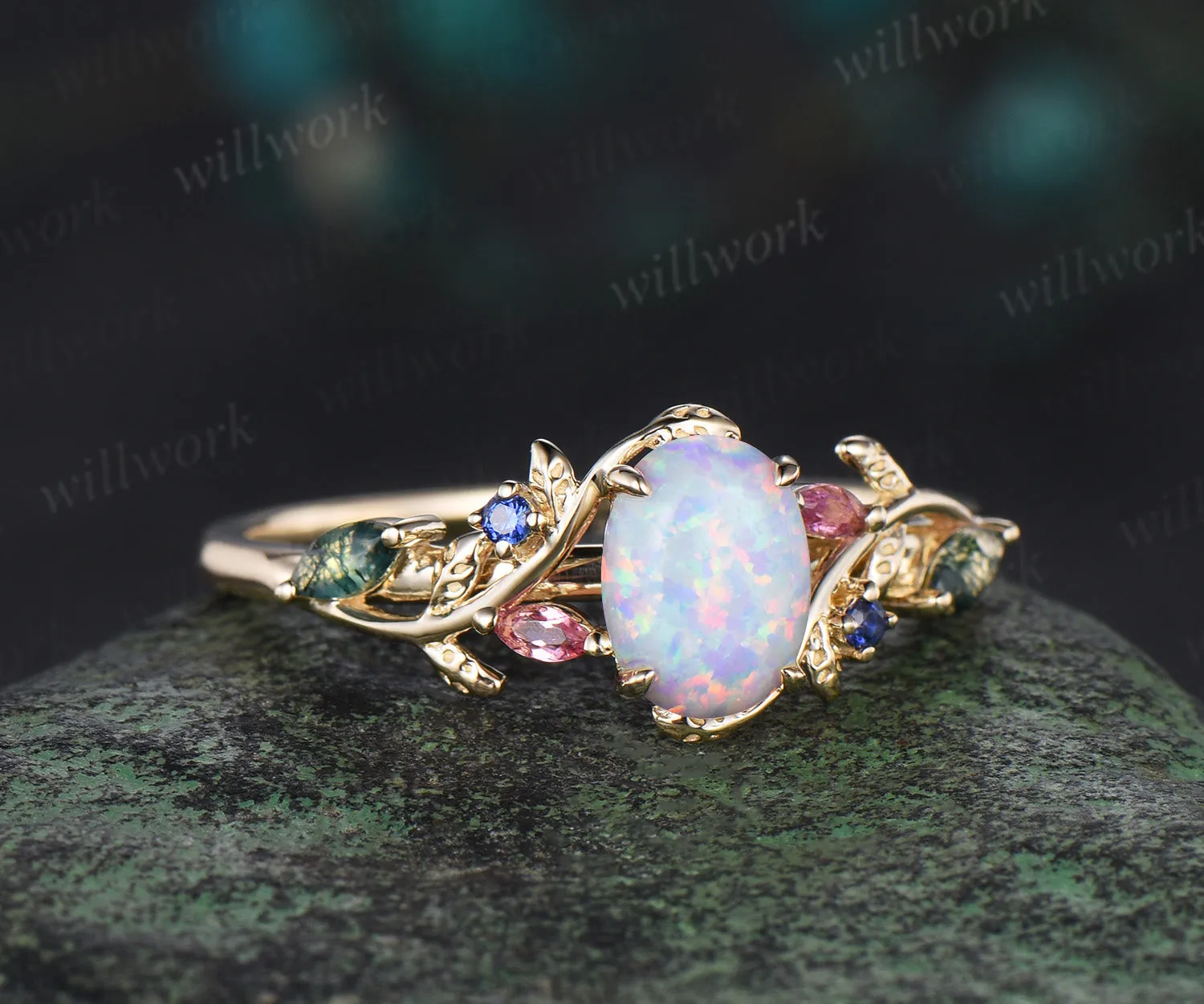 Oval white opal engagement ring yellow gold leaf branch moss agate sapphire Pink tourmaline ring vintage unique anniversary gift sold by Willwork Jewelry product image thumbnail 2