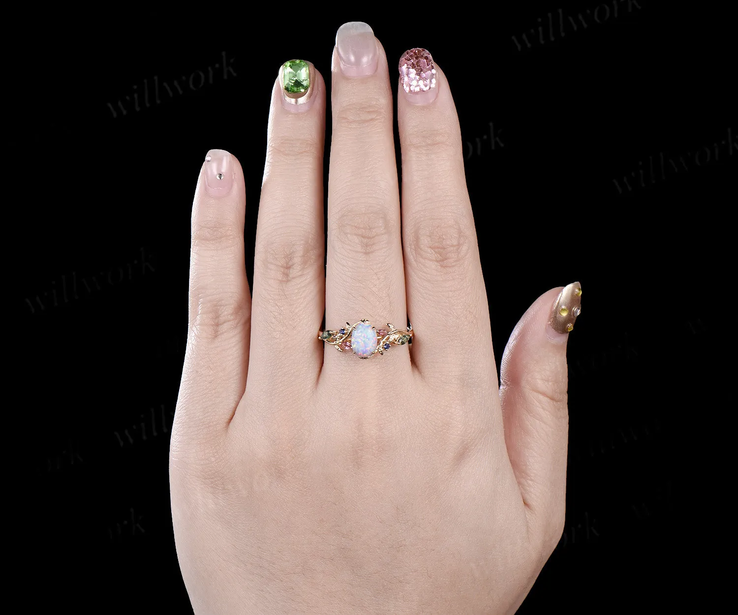 Oval white opal engagement ring yellow gold leaf branch moss agate sapphire Pink tourmaline ring vintage unique anniversary gift sold by Willwork Jewelry product image thumbnail 3