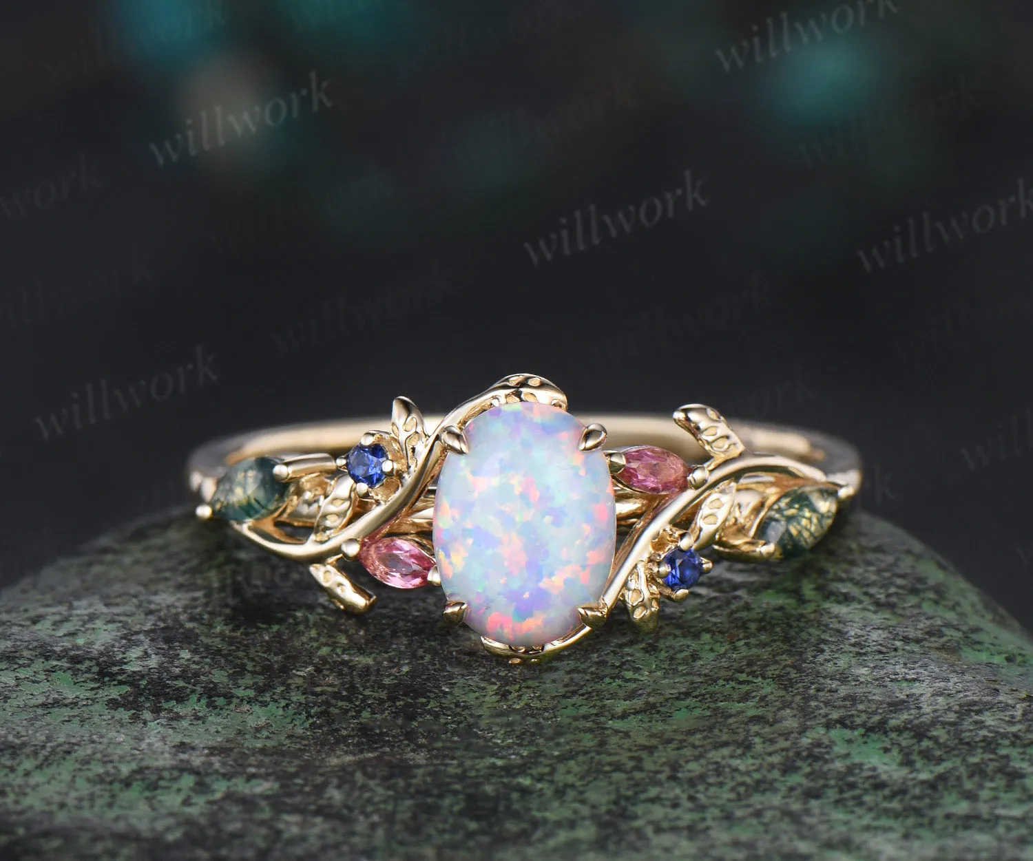 Oval white opal engagement ring yellow gold leaf branch moss agate sapphire Pink tourmaline ring vintage unique anniversary gift sold by Willwork Jewelry