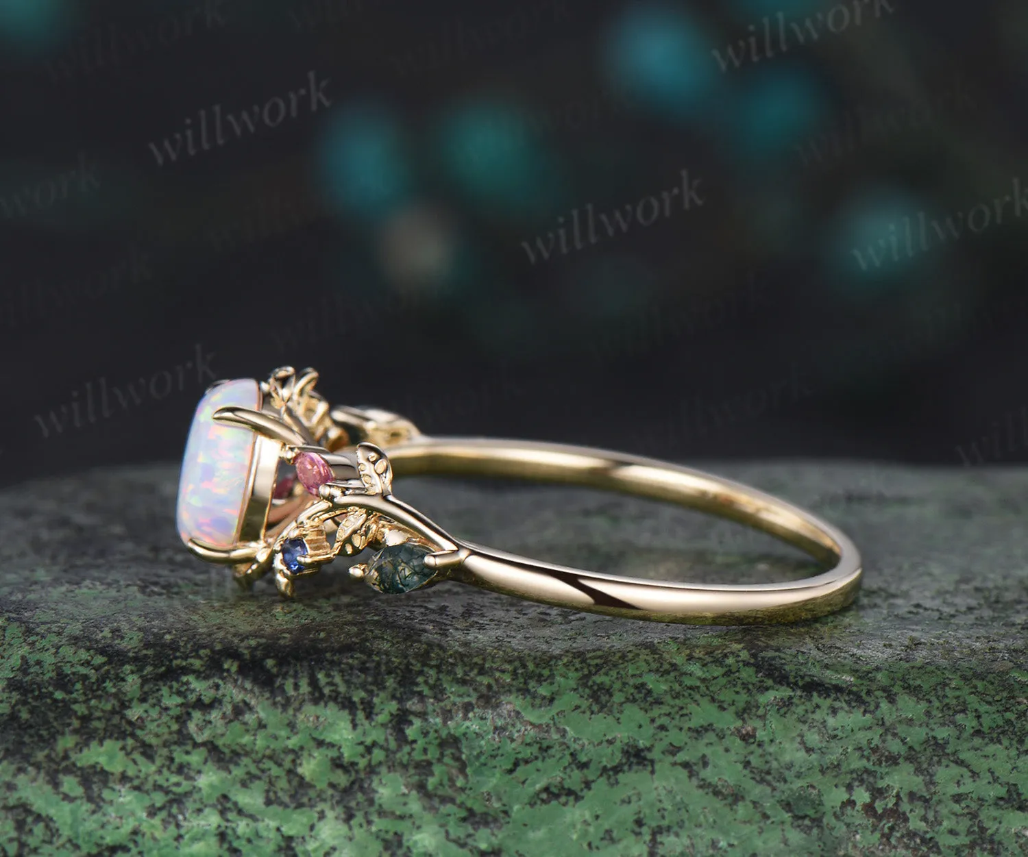 Oval white opal engagement ring yellow gold leaf branch moss agate sapphire Pink tourmaline ring vintage unique anniversary gift sold by Willwork Jewelry product image thumbnail 4
