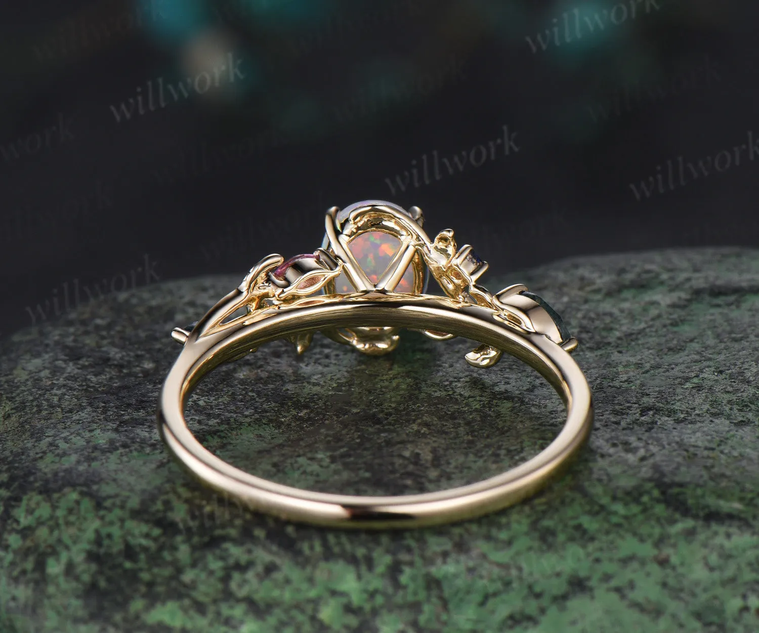 Oval white opal engagement ring yellow gold leaf branch moss agate sapphire Pink tourmaline ring vintage unique anniversary gift sold by Willwork Jewelry product image thumbnail 5