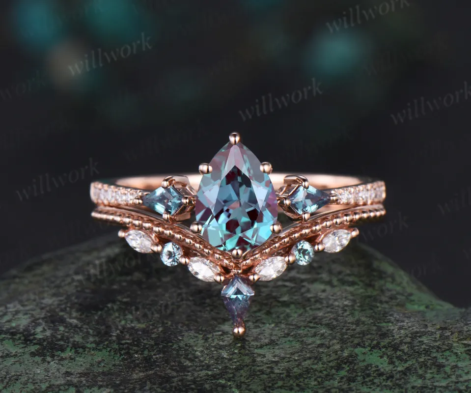 Pear cut alexandrite engagement ring set vintage kite alexandrite half eternity diamond stacking bridal anniversary gift sold by Willwork Jewelry
