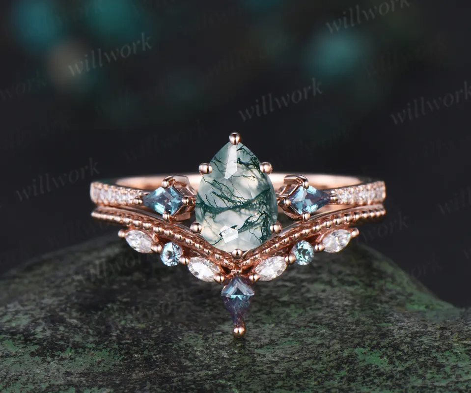 Pear cut moss agate engagement ring set rose gold vintage kite alexandrite half eternity diamond stacking bridal anniversary gift sold by Willwork Jewelry