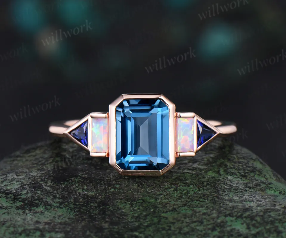 Bezel emerald cut London blue topaz engagement ring rose gold five stone Baguette opal ring Trilliant sapphire ring retro unique anniversary gift sold by Willwork Jewelry