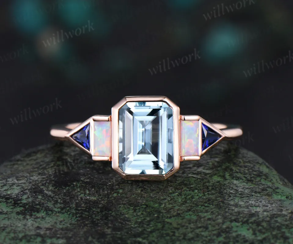 Bezel emerald cut aquamarine engagement ring rose gold five stone Baguette opal ring Trilliant sapphire ring retro unique anniversary gift sold by Willwork Jewelry