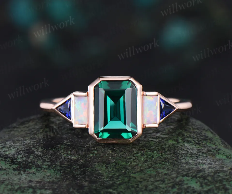 Bezel emerald cut green emerald engagement ring rose gold five stone Baguette opal ring Trilliant sapphire ring retro unique anniversary gift sold by Willwork Jewelry