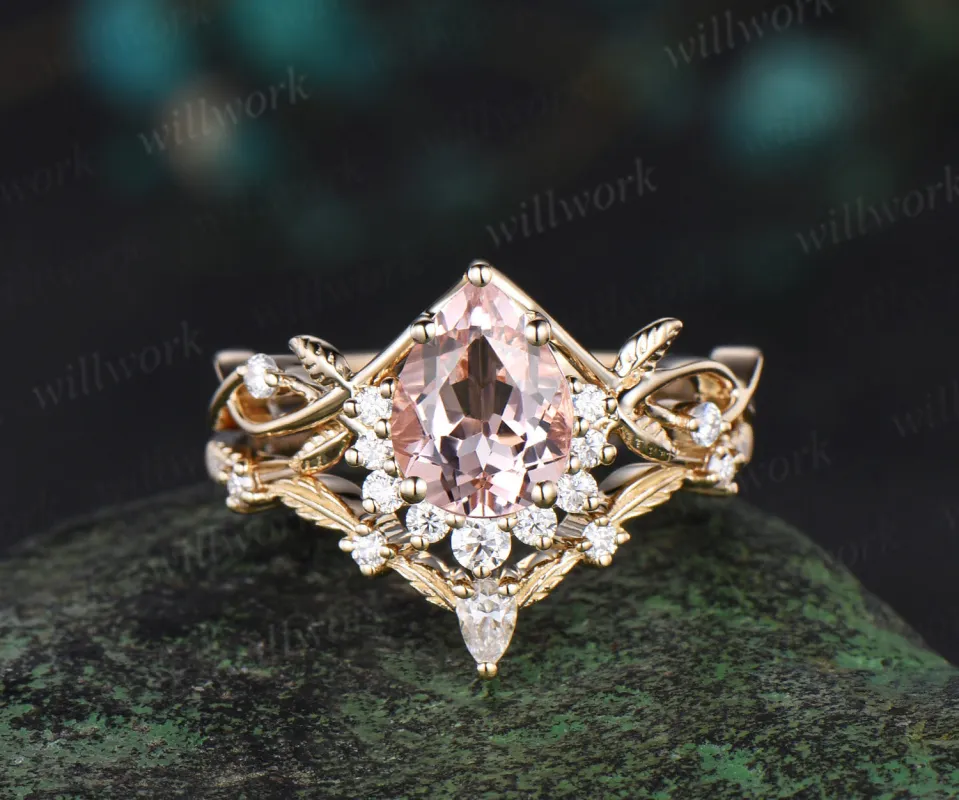 Pear cut morganite engagement ring vintage infinity diamond leaf ring set stacking unique wedding promise ring women gift sold by Willwork Jewelry