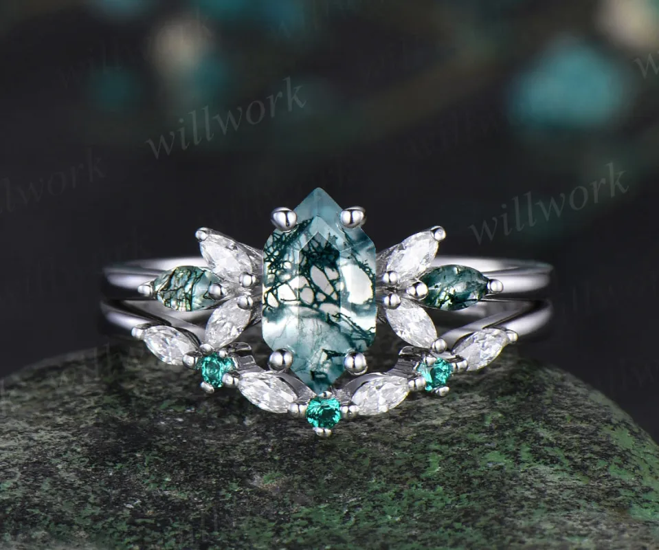 Long hexagon cut moss agate engagement ring set white gold cluster marquise diamond ring women emerald stacking anniversary gift sold by Willwork Jewelry