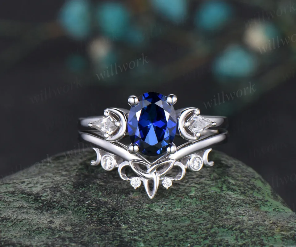 Oval cut blue sapphire engagement ring set vintage moon three stone kite moissanite ring women Celtic knot wedding ring set gift sold by Willwork Jewelry