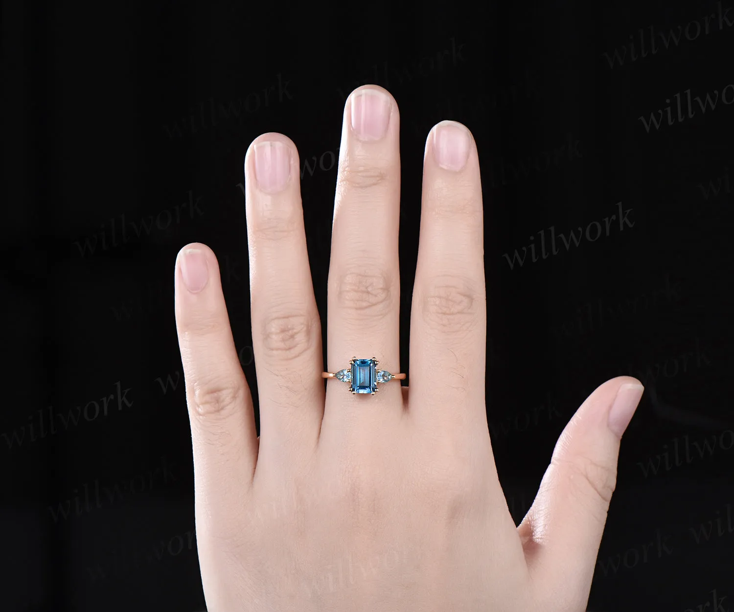 Emerald cut London blue topaz ring Minimalist yellow gold three stone Swiss blue topaz wedding ring women unique engagement ring 8 prong gift sold by Willwork Jewelry product image thumbnail 3
