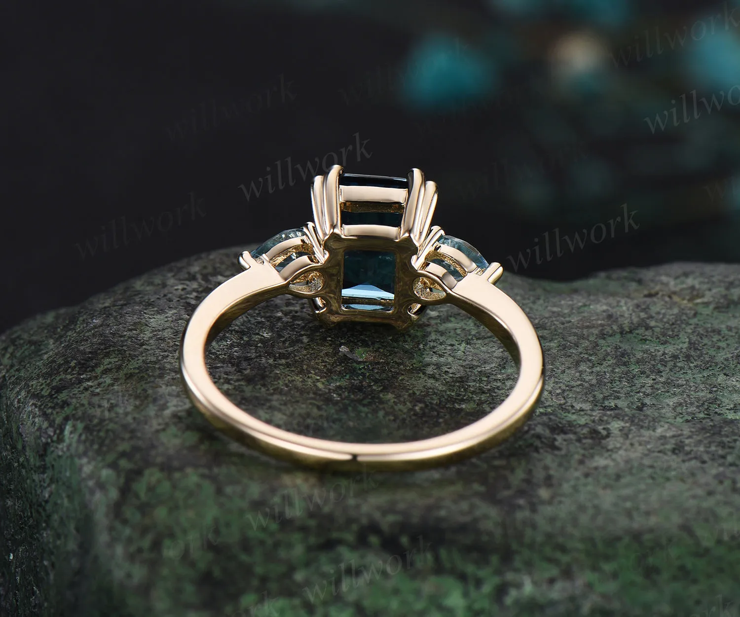 Emerald cut London blue topaz ring Minimalist yellow gold three stone Swiss blue topaz wedding ring women unique engagement ring 8 prong gift sold by Willwork Jewelry product image thumbnail 5
