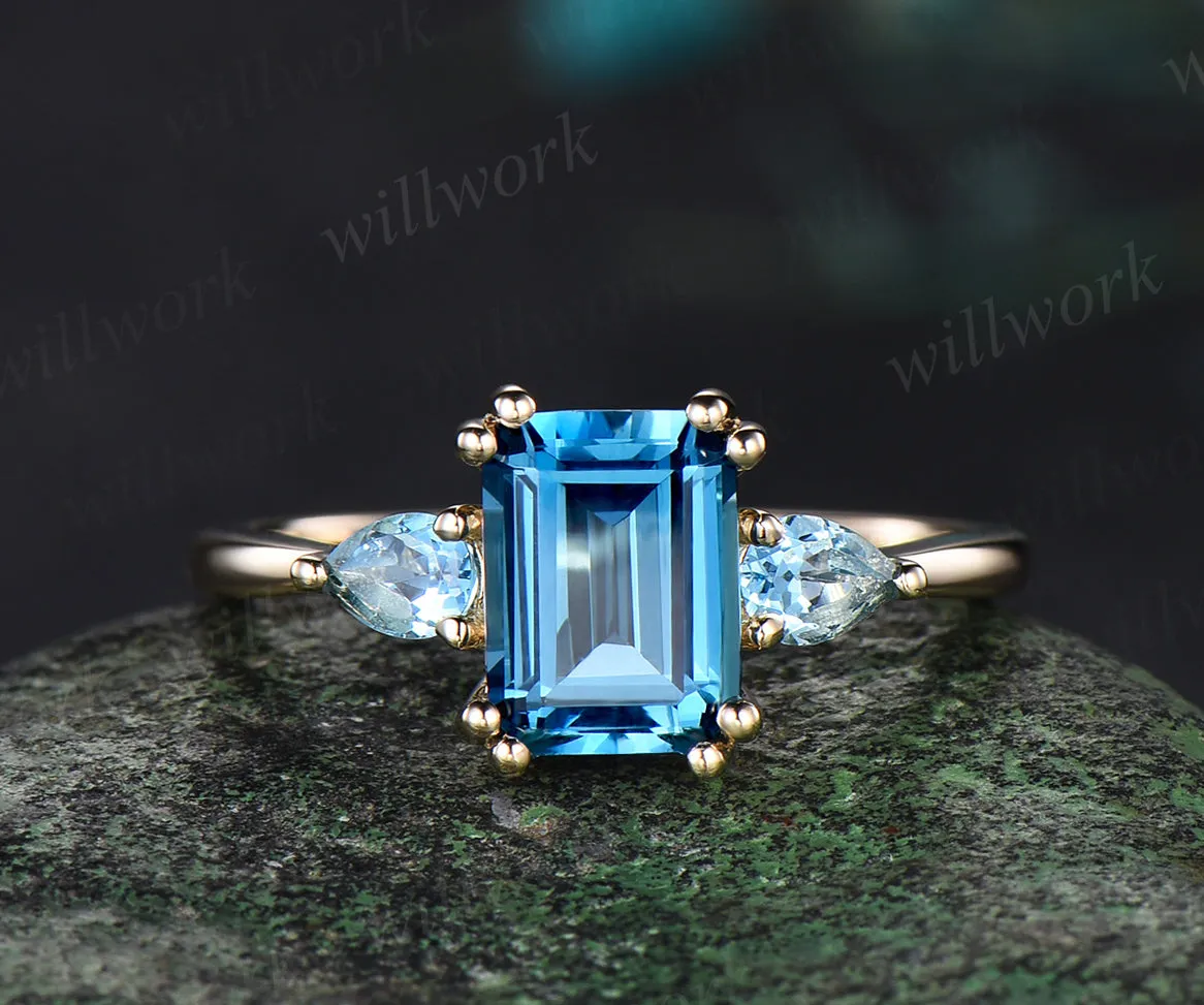 Emerald cut London blue topaz ring Minimalist yellow gold three stone Swiss blue topaz wedding ring women unique engagement ring 8 prong gift sold by Willwork Jewelry product image thumbnail 2