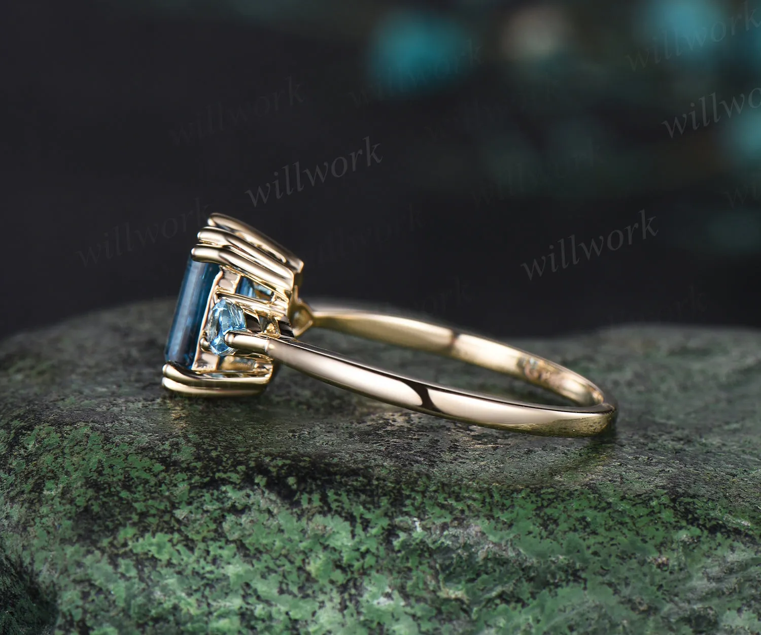 Emerald cut London blue topaz ring Minimalist yellow gold three stone Swiss blue topaz wedding ring women unique engagement ring 8 prong gift sold by Willwork Jewelry product image thumbnail 4