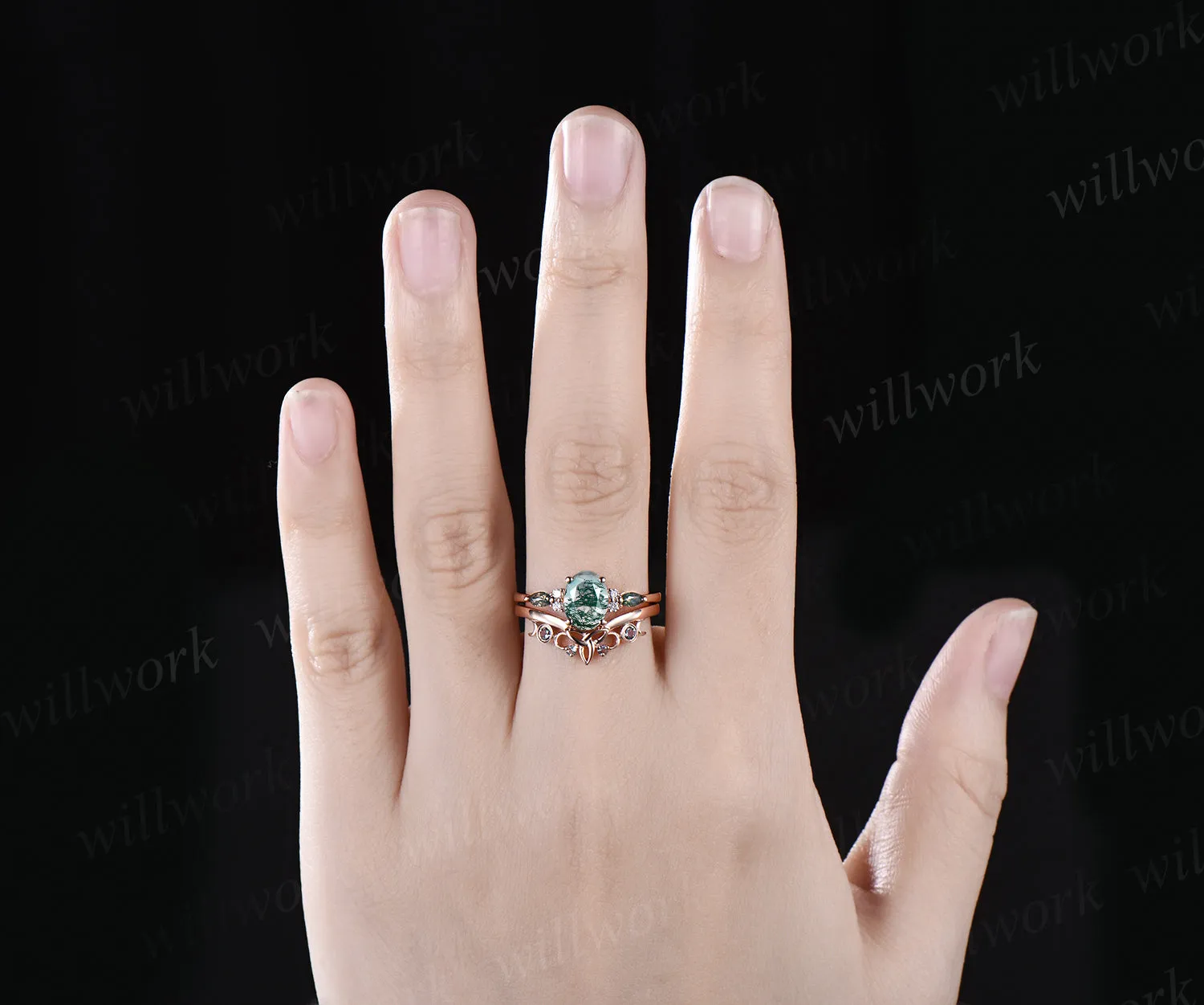 Oval cut green moss agate ring vintage moss agate engagement ring set rose gold marquise cut wedding ring cluster alexandrite ring for women sold by Willwork Jewelry product image thumbnail 3