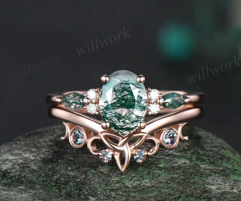 Oval cut green moss agate ring vintage moss agate engagement ring set rose gold marquise cut wedding ring cluster alexandrite ring for women sold by Willwork Jewelry