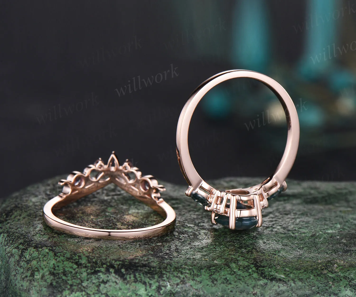 Oval cut green moss agate ring vintage moss agate engagement ring set rose gold marquise cut wedding ring cluster alexandrite ring for women sold by Willwork Jewelry product image thumbnail 5