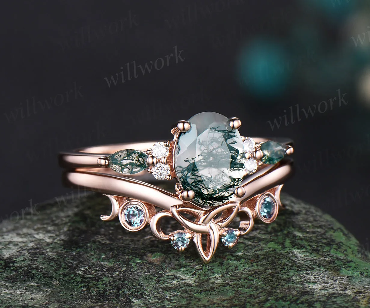 Oval cut green moss agate ring vintage moss agate engagement ring set rose gold marquise cut wedding ring cluster alexandrite ring for women sold by Willwork Jewelry product image thumbnail 2