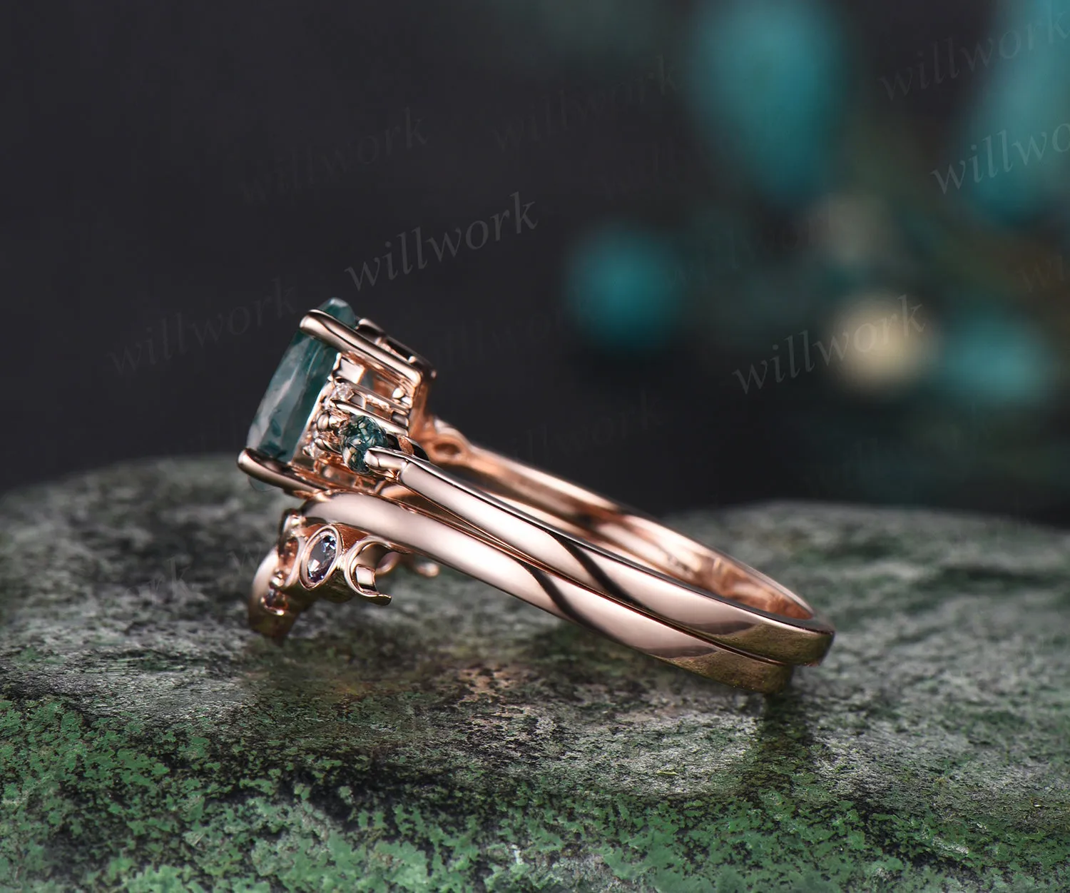 Oval cut green moss agate ring vintage moss agate engagement ring set rose gold marquise cut wedding ring cluster alexandrite ring for women sold by Willwork Jewelry product image thumbnail 4