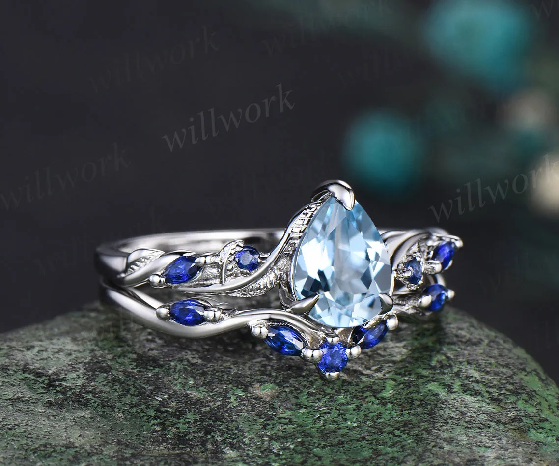 Pear cut aquamarine ring vintage sapphire white gold Twig Vine leaf unique Engagement Ring women Nature Inspired wedding anniversary gift sold by Willwork Jewelry product image thumbnail 2