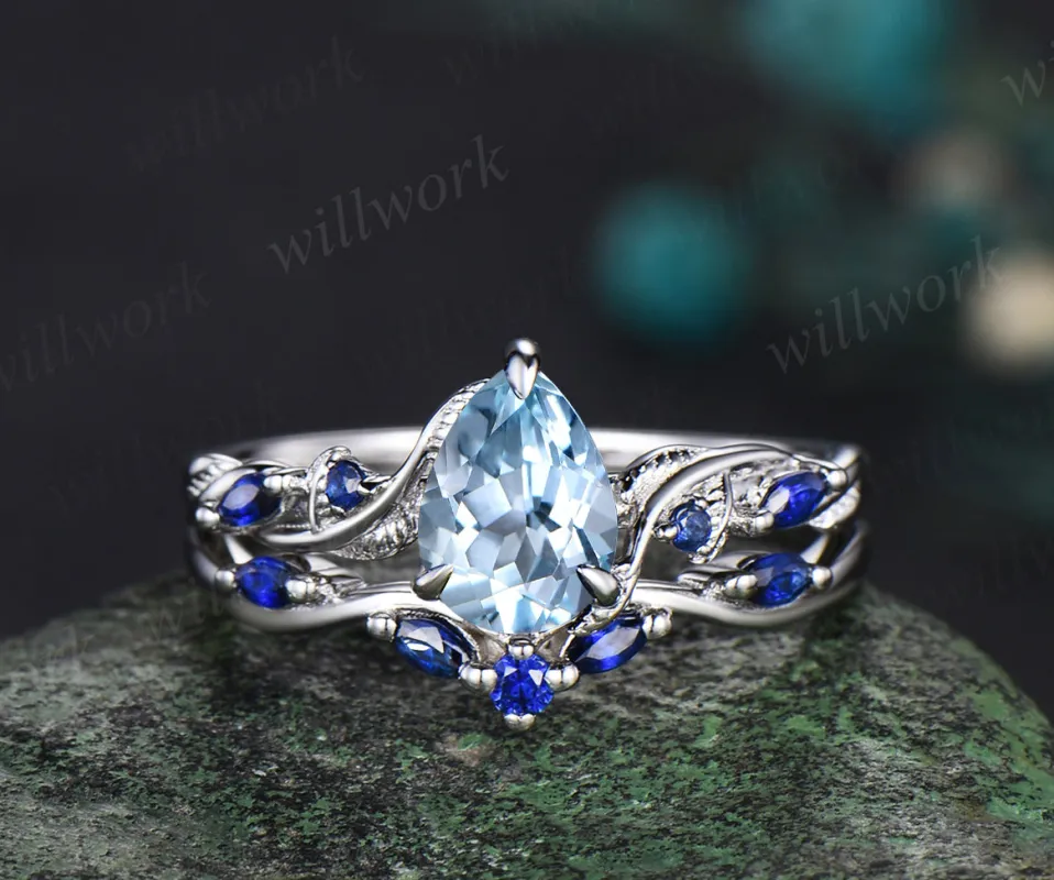 Pear cut aquamarine ring vintage sapphire white gold Twig Vine leaf unique Engagement Ring women Nature Inspired wedding anniversary gift sold by Willwork Jewelry