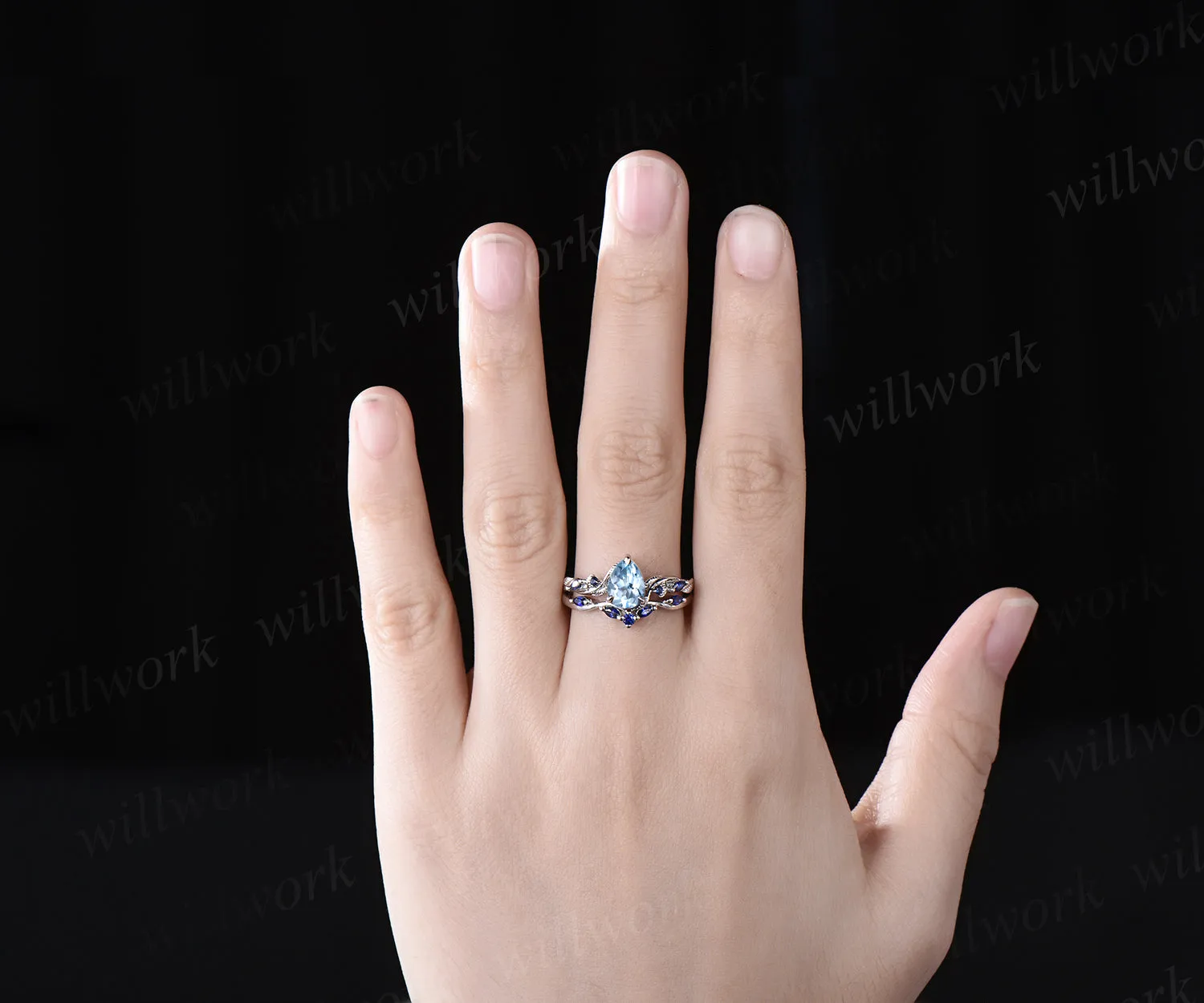 Pear cut aquamarine ring vintage sapphire white gold Twig Vine leaf unique Engagement Ring women Nature Inspired wedding anniversary gift sold by Willwork Jewelry product image thumbnail 3
