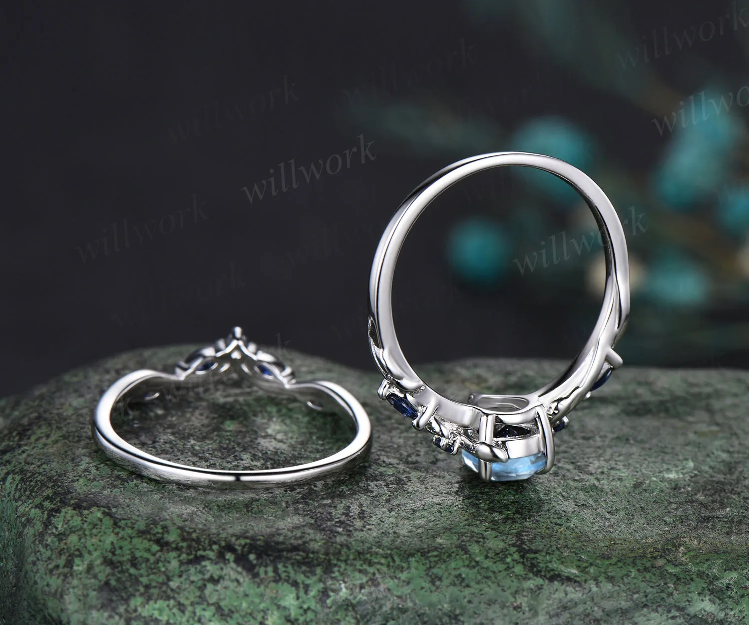 Pear cut aquamarine ring vintage sapphire white gold Twig Vine leaf unique Engagement Ring women Nature Inspired wedding anniversary gift sold by Willwork Jewelry product image thumbnail 5