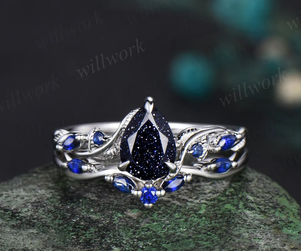 Nature Inspired Pear Galaxy Blue Sandstone sapphire Bridal Set white gold Unique Twig Vine Teardrop Blue Goldstone Engagement Ring Ring Set sold by Willwork Jewelry