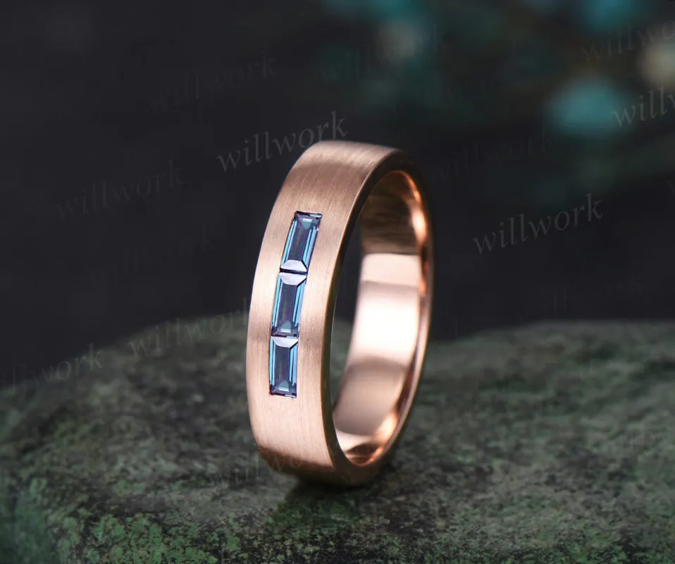 Baguette cut alexandrite wedding band men three stone mens Brushed Finish wedding ring band black gold June birthstone ring anniversary gift sold by Willwork Jewelry