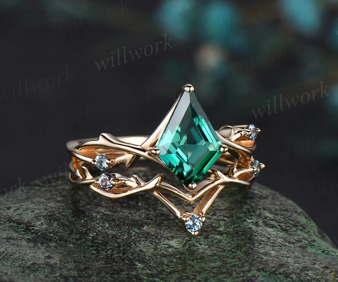 Unique Kite cut green emerald Engagement Ring Vintage Twig Alexandrite Ring Branch Ring yellow Gold Silver Ring Promise Bridal Set anniversary gift sold by Willwork Jewelry product image thumbnail 3