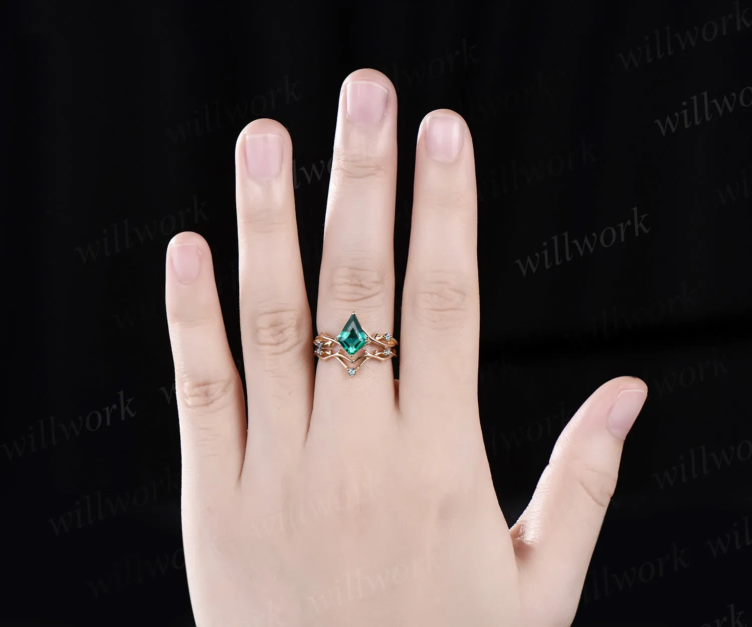 Unique Kite cut green emerald Engagement Ring Vintage Twig Alexandrite Ring Branch Ring yellow Gold Silver Ring Promise Bridal Set anniversary gift sold by Willwork Jewelry product image thumbnail 2
