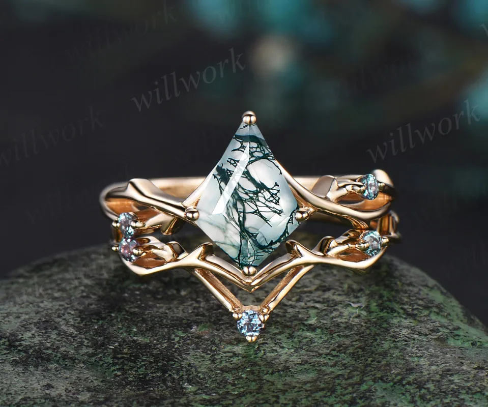 Unique Kite Moss Agate Engagement Ring Vintage Twig Alexandrite Ring Branch Ring yellow Gold Silver Ring Promise Bridal Set Green Agate Ring sold by Willwork Jewelry