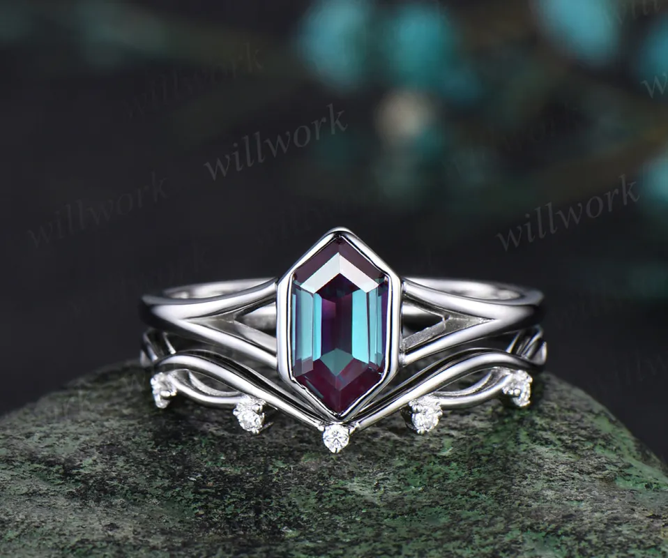 Long hexagon cut alexandrite Engagement Ring Set Solitaire split shank white gold ring vintage infinity wedding Anniversary gift sold by Willwork Jewelry