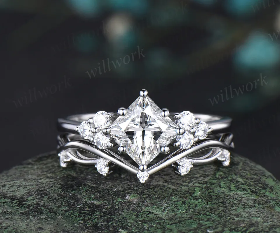 Princess cut moissanite engagement ring set white gold 8 prong dainty Minimalist diamond ring women infinity promise gift made by Willwork Jewelry