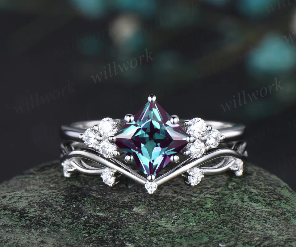 Princess cut alexandrite engagement ring set white gold 8 prong dainty Minimalist diamond ring women infinity anniversary gift sold by Willwork Jewelry